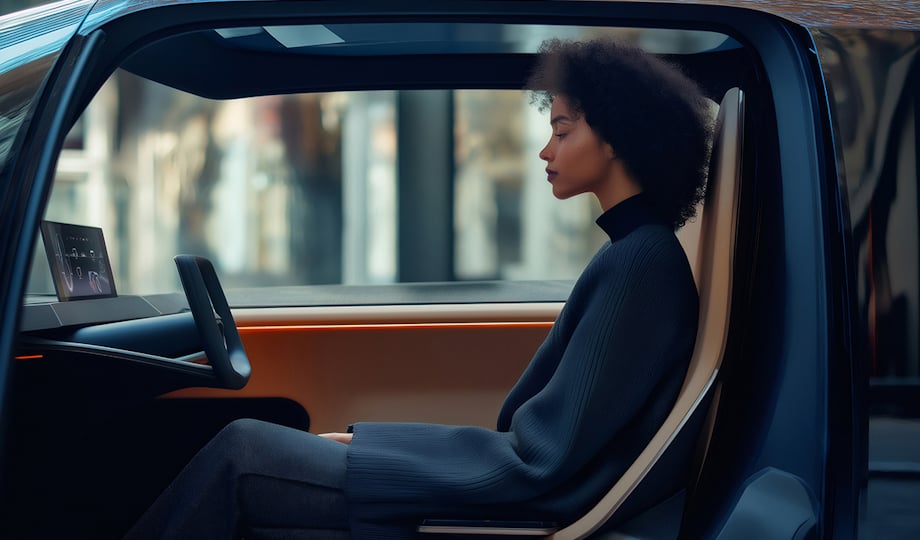 A woman seated in the driver's seat of a car, focused on the road ahead.