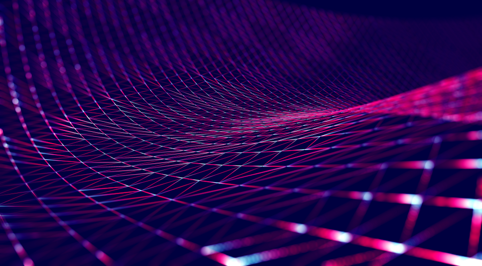Abstract digital wave of interconnected pink and purple grid lines on a dark blue background, creating a dynamic, flowing mesh pattern that suggests movement and technology.