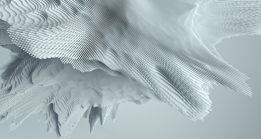 3D abstract wave of metallic rods forming a fluid, data-like structure, symbolizing digital transformation, tech innovation, and computational design.
