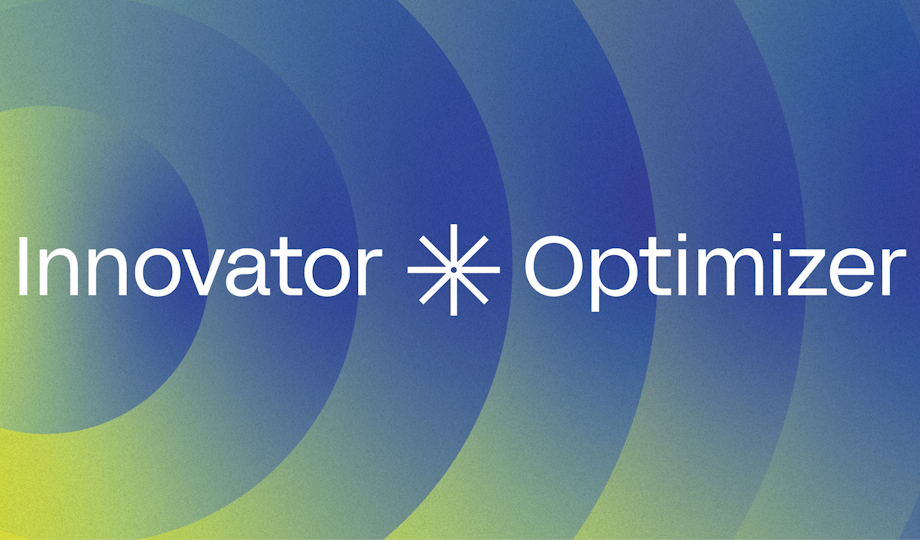 Innovator Optimizer logo displayed on a vibrant blue and yellow background.