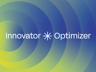 Innovator Optimizer logo displayed on a vibrant blue and yellow background.