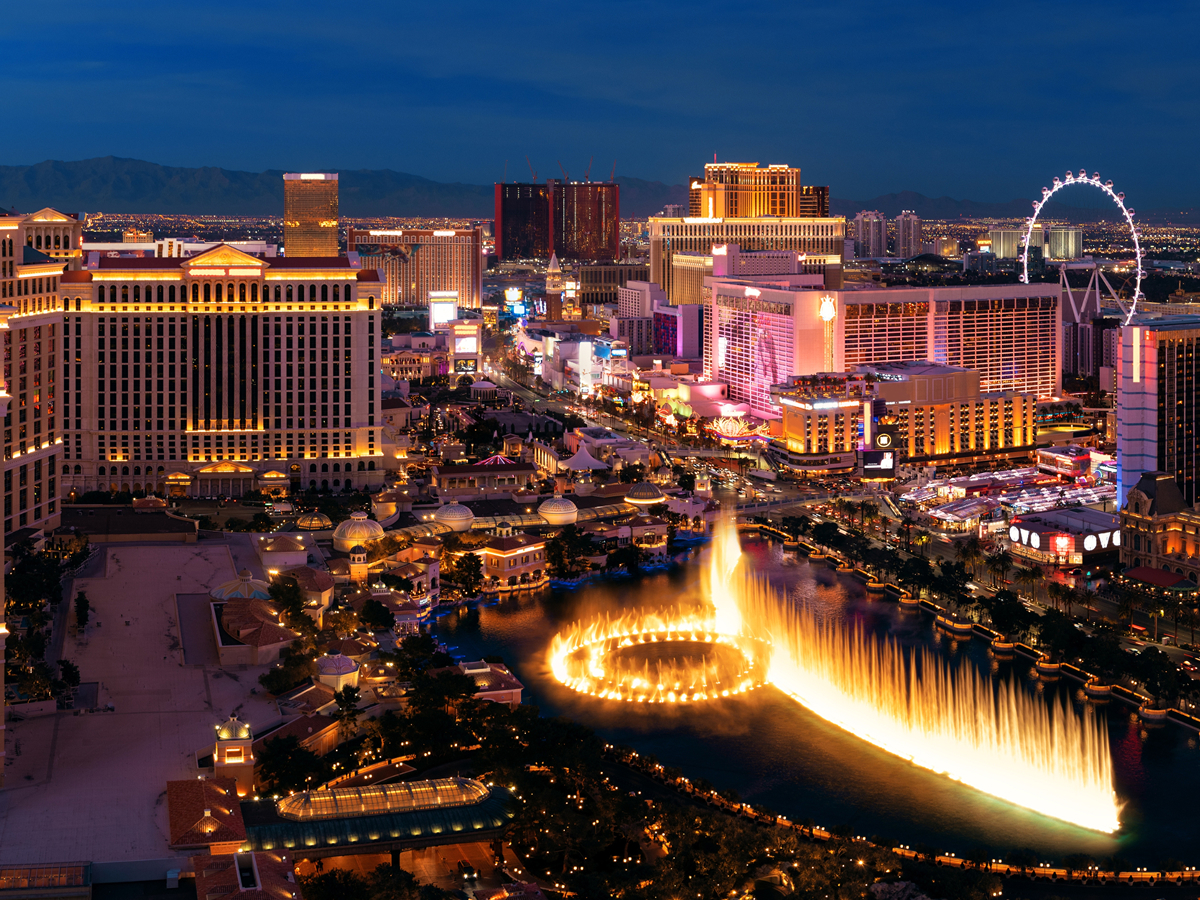 Las Vegas skyline featuring various hotels and resorts, showcasing vibrant lights and architectural diversity.