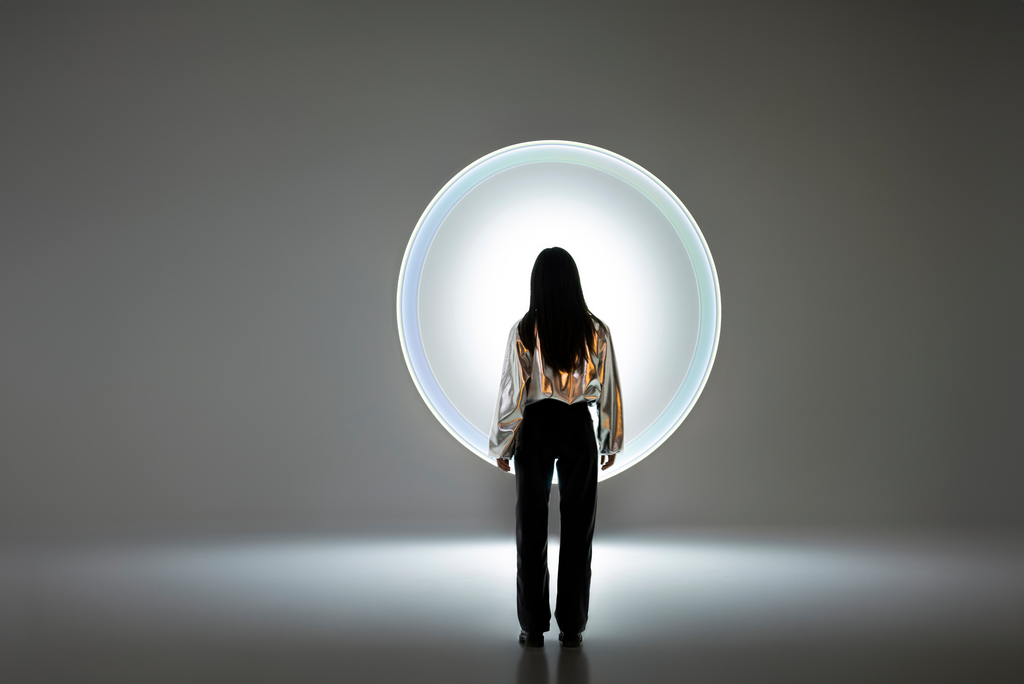 A woman stands in front of a large circular light, creating a dramatic and illuminated backdrop.