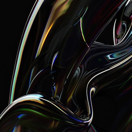 Abstract digital artwork featuring fluid, glass-like shapes with reflective surfaces in black, gold, and iridescent colors. The composition has a dynamic, futuristic aesthetic with smooth, flowing curves.