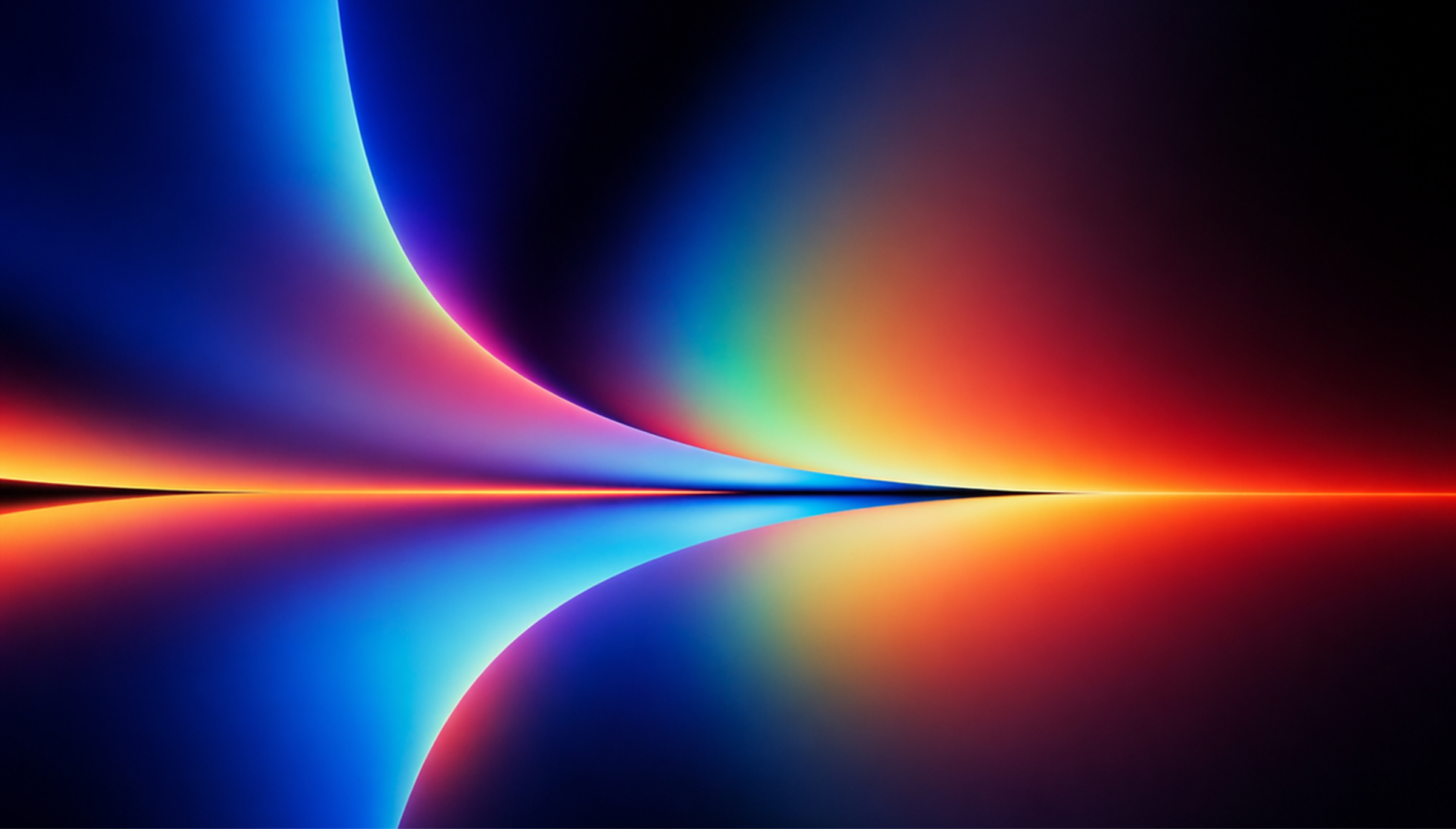 Abstract blue, magenta, and orange light curves horizontally mirrored on a dark background.