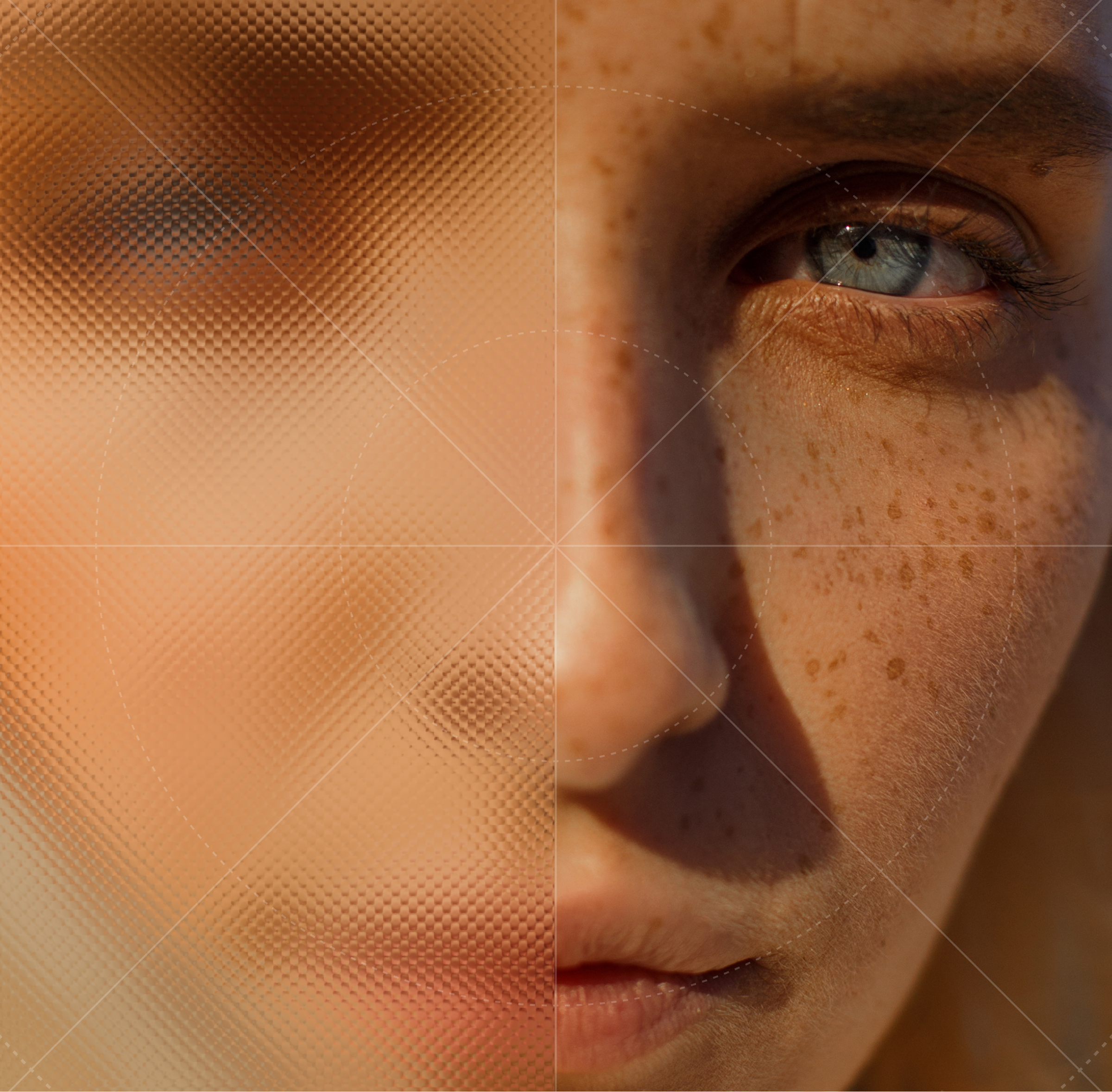 Close-up of a person's face, half obscured by textured glass, with freckles and a blue eye visible