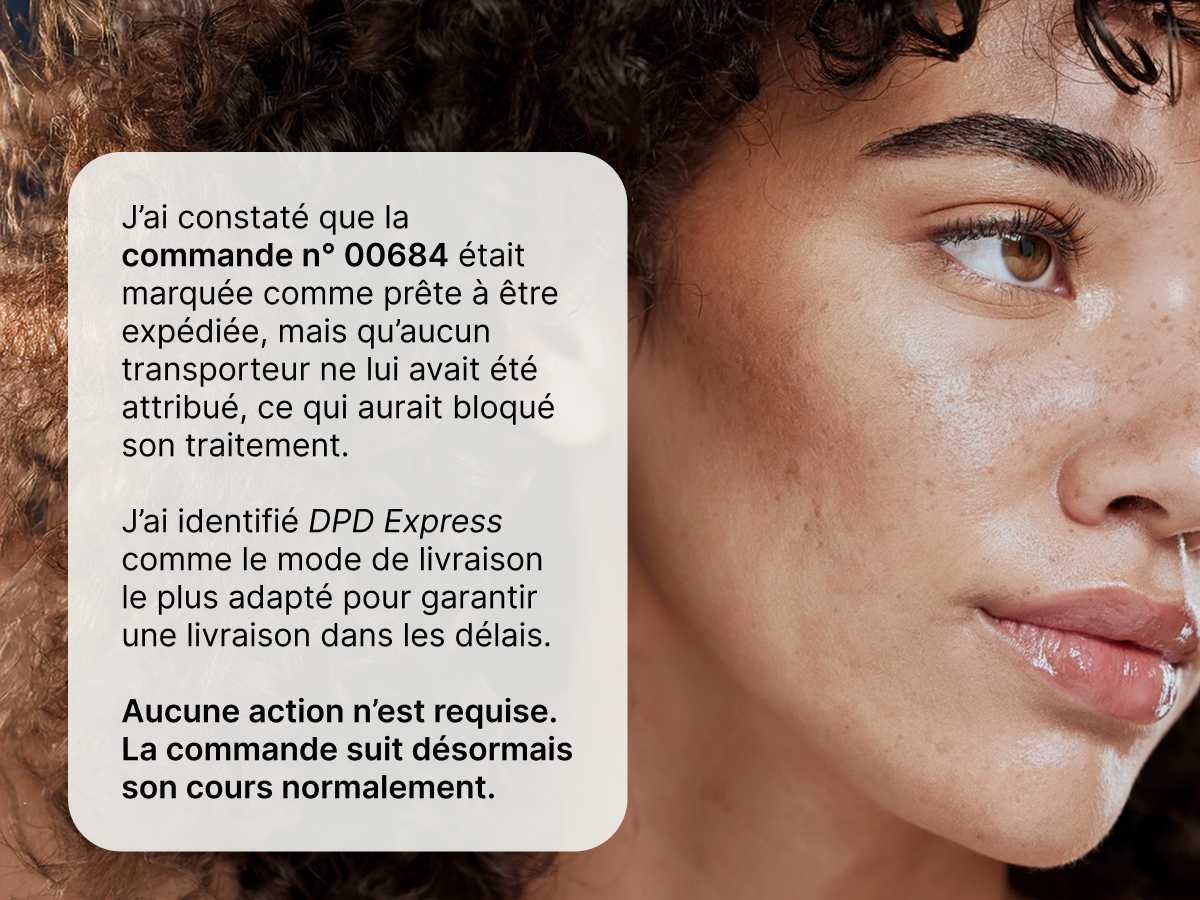 Close-up of person in profile with AI notification resolving a shipping carrier assignment.