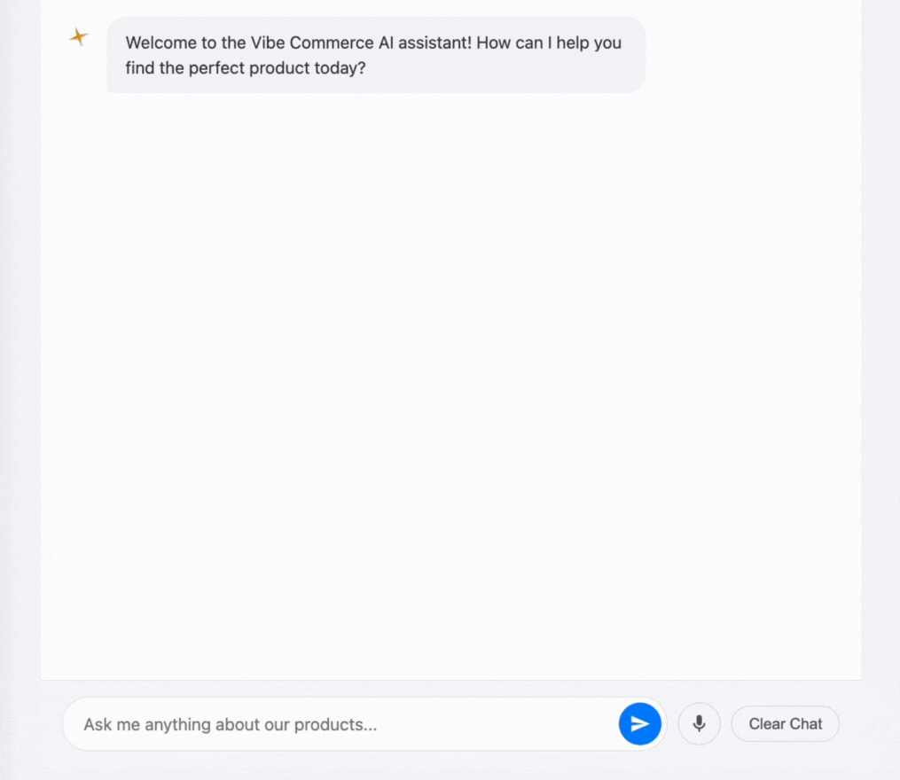 An animated gif showing a conversational commerce experience. A user ask what gift to buy their niece. The conversational agent responds with some gift ideas, 3 products, and some other searches for the user to try. The interaction ends with the user selecting a product and adding to cart.